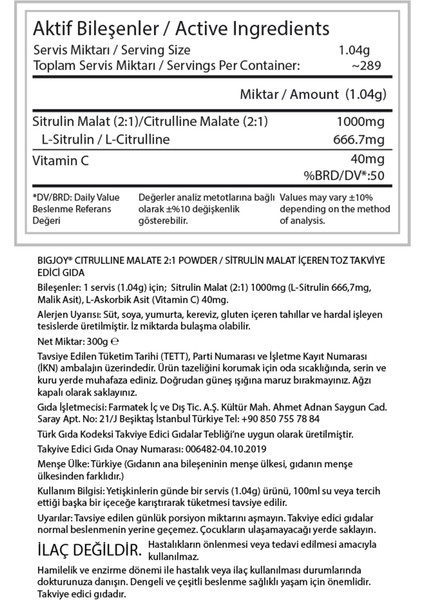 Bigjoy Citrulline Malate 300g 2:1 Sitrulin Malat Tozu Enerji ve Performans Artışı için fırsatları