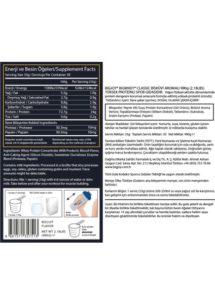 Protein Tozu Whey Protein Bigwhey Classic Bisküvi 990 gr 30 Servis indirimleri
