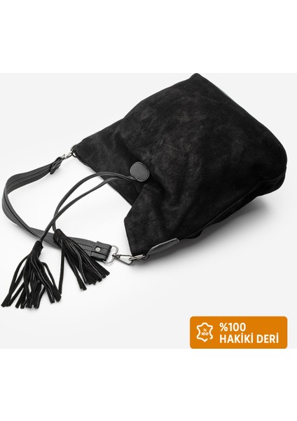 Kadın Hakiki Deri Püsküllü El ve Omuz Çantası Olven Siyah Süet