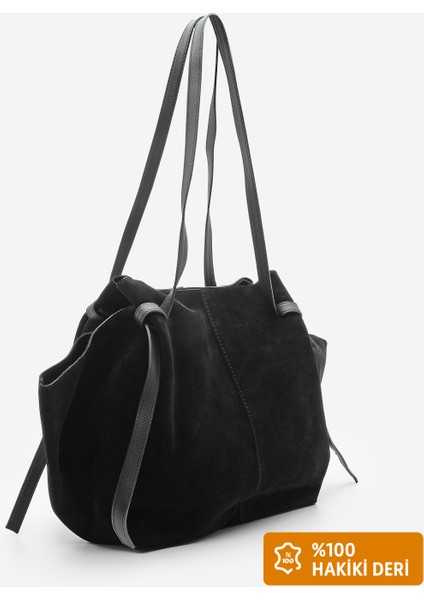 Kadın Hakiki Deri Shopper El ve Omuz Çantası Yorita Siyah Süet