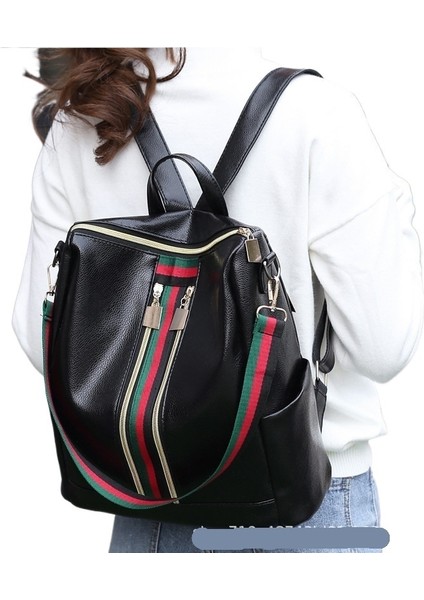Yeni Kadın Çantası Çift Fermuarlı Büyük Kapasiteli Öğrenci Sırt Çantası Çapraz Üç Amaçlı Çanta Çizgili Kontrast Renk Yumuşak Pu Sırt Çantası (Yurt Dışından)