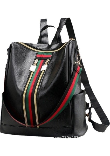 Yeni Kadın Çantası Çift Fermuarlı Büyük Kapasiteli Öğrenci Sırt Çantası Çapraz Üç Amaçlı Çanta Çizgili Kontrast Renk Yumuşak Pu Sırt Çantası (Yurt Dışından) modelleri