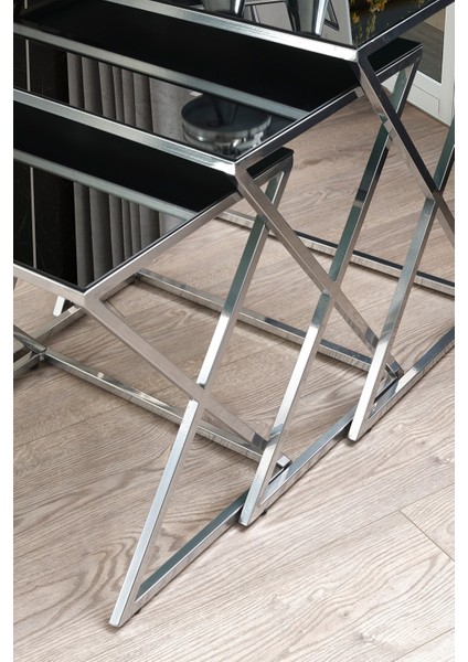 Royal Füme Aynalı, Zemini Çizmeyen Metal Ayaklı 3'lü Zigon Sehpa Seti 55x40 cm – Salon ve Oturma Odasında Şık ve Fonksiyonel Kullanım