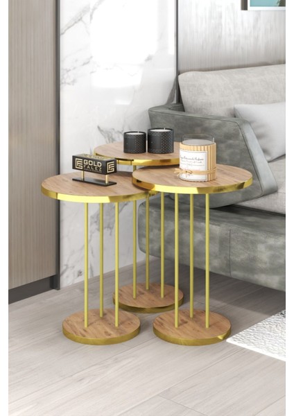 Ceviz Zigon Sehpa Seti – Şık ve Dayanıklı 3'lü Yan Sehpa Takımı, Salon ve Oturma Odası İçin