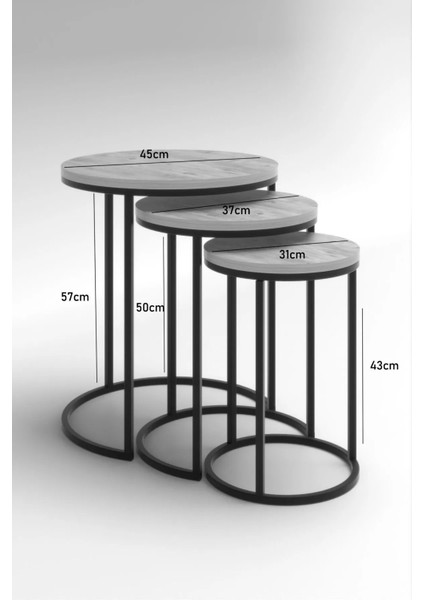 Metal Ayaklı Sunta Tablalı Modern Yuvarlak Zigon Sehpa Seti 3'lü 45x54 cm – Salon ve Oturma Odası için Şık ve Fonksiyonel