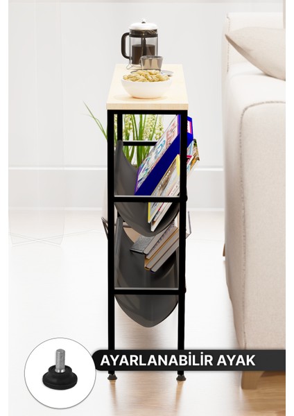 %100 Doğal Çam ve Metal Ayaklı, Ayarlanabilir 2 Katlı Depolama Alanlı Yan Sehpa 50x62 cm – Salon ve Oturma Odası Dekoru