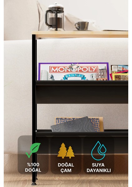 %100 Doğal Çam ve Metal Ayaklı, Ayarlanabilir 2 Katlı Depolama Alanlı Yan Sehpa 50x62 cm – Salon ve Oturma Odası Dekoru
