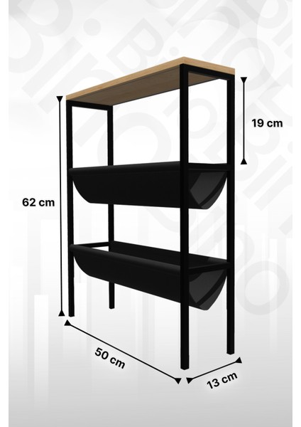%100 Doğal Çam ve Metal Ayaklı, Ayarlanabilir 2 Katlı Depolama Alanlı Yan Sehpa 50x62 cm – Salon ve Oturma Odası Dekoru