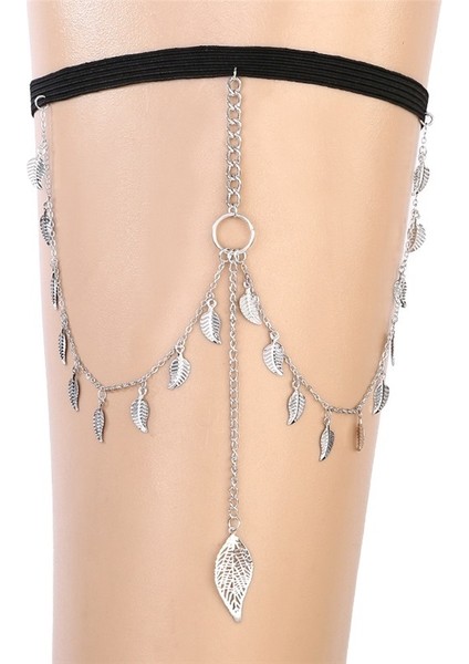 Yaz Yeni Uyluk Zinciri Moda Siyah Elastik Bacak Halkası Alaşım Yaprak Çok Katmanlı Püskül Vücut Zinciri (Yurt Dışından)