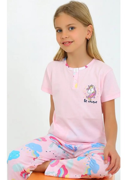 Minykids Unicorn Desen Pembe Kısa Kollu %100 Pamuklu Kız Çocuk Pijama Takım