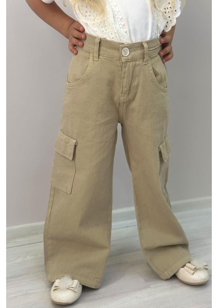 Kız Çocuk Gabardin Pantolon Kargo Cep Detaylı 5-14 Yaş, Haki Yeşil