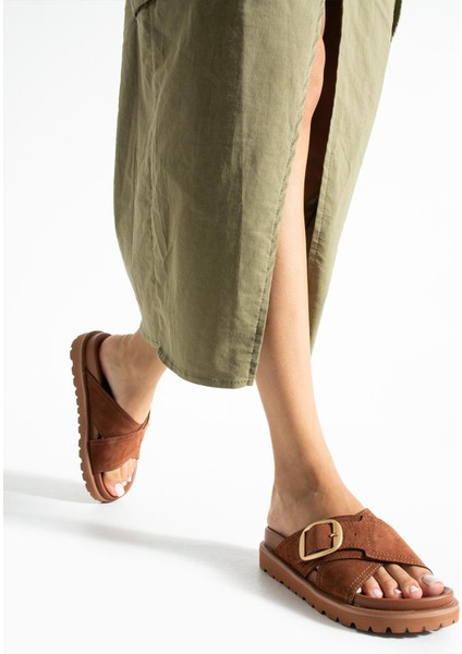 Tekstil-Nappa Hafif Comfort Kadın Taba Terlik 25Y-1481