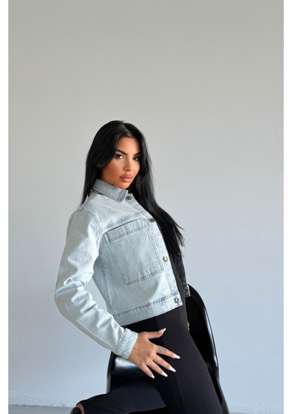 Kadın Mavi Kar Jean Denim Regular Kalıp Cepli Düğmeli Kot Ceket DİANA-5005 fiyatları