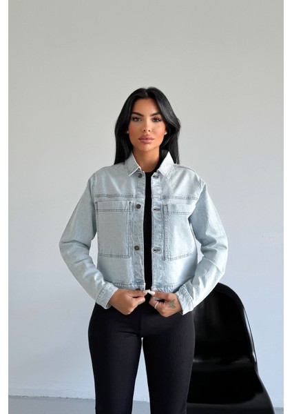Kadın Mavi Kar Jean Denim Regular Kalıp Cepli Düğmeli Kot Ceket DİANA-5005 fırsatları