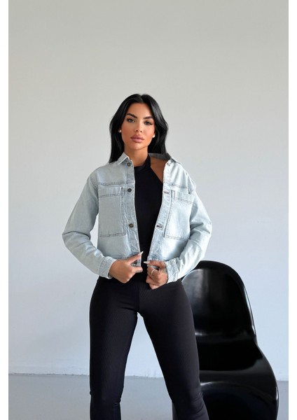 Kadın Mavi Kar Jean Denim Regular Kalıp Cepli Düğmeli Kot Ceket DİANA-5005 indirimleri