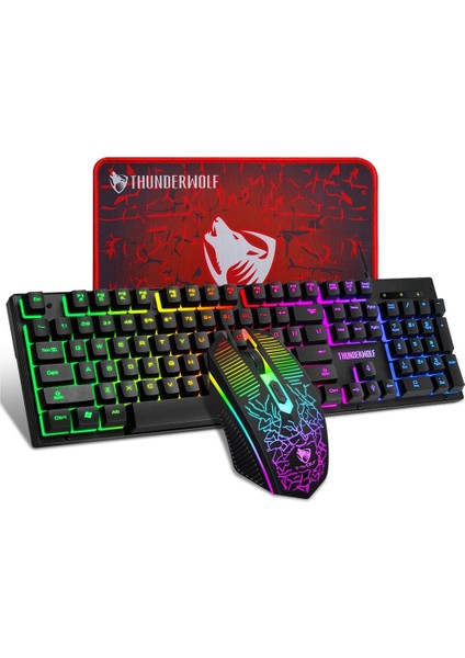 T-Wolf Thunder Wolf TF31 Fare Klavye Mouse Pad Oyun Üç Parçalı Set Mekanik Hisli Işıklı Klavye ve Fare Seti (Yurt Dışından)