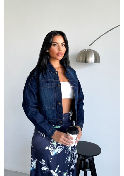 Kadın Koyu Mavi Jean Denim Regular Kalıp Cepli Düğmeli Kot Ceket DİANA-5003