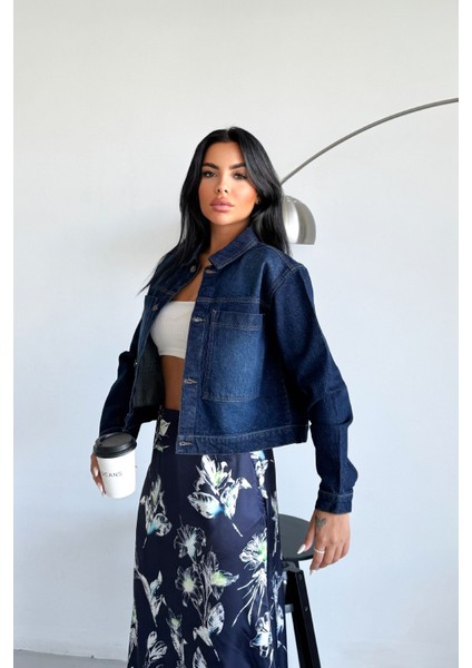 Kadın Koyu Mavi Jean Denim Regular Kalıp Cepli Düğmeli Kot Ceket DİANA-5003 modelleri