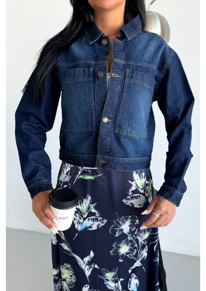 Kadın Koyu Mavi Jean Denim Regular Kalıp Cepli Düğmeli Kot Ceket DİANA-5003 fırsatları
