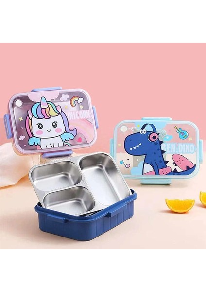 750 ml 3 Bölmeli Paslanmaz Çelik Çocuk Beslenme Kabı – Sızdırmaz Kilitli Kapak Bento Termos