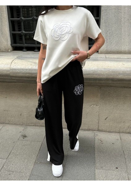 Gül Nakışlı Garnili Şerit Detaylı Modal Kumaş Eşofman Takım