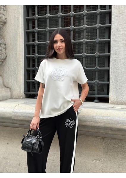 Gül Nakışlı Garnili Şerit Detaylı Modal Kumaş Eşofman Takım indirimleri