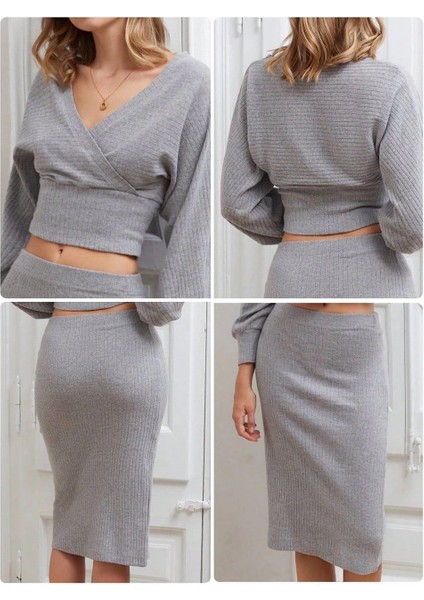 Kruvaze Şardonlu Etekli Takım Gri indirimleri