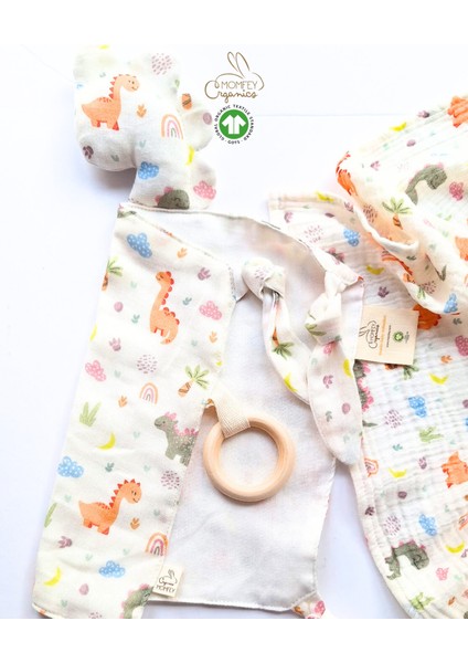 Tinyrex %100 Organik Müslin Little Dinosaurs Seyahat Hediye Seti – Battaniye, Kayın Ağacı Dişlikli Uyku ve Oyun Arkadaşı, Kese
