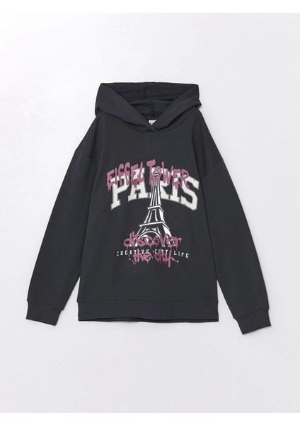Lcw Kids Antrasit Kapüşonlu Baskılı Uzun Kollu Kız Çocuk Sweatshirt