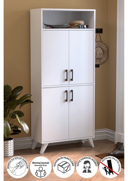 4 Kapaklı Ayakkabılık 9 Bölmeli Ayakkabılık Çok Amaçlı Dolap Beste Beyaz