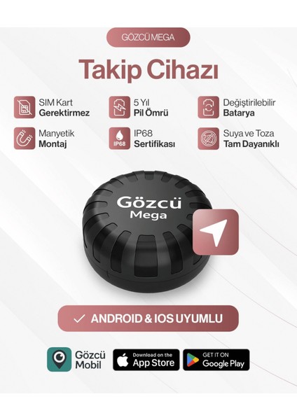 Mega Takip Cihazı Ios Android Uyumlu Motor Araç Taşıt Gps Cihazı IP68 Su Geçirmez Akıllı Takibi (5-10 Dakika Aralıklı Sinyal Alır)