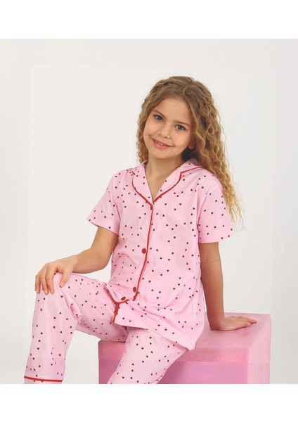 Minykids Kalp Desen Pembe Kısa Kollu Önden Düğmeli %100 Pamuklu Kız Çocuk Pijama Takım