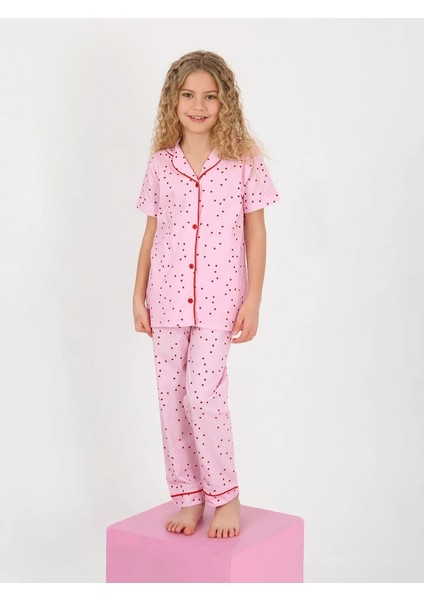 Minykids Kalp Desen Pembe Kısa Kollu Önden Düğmeli %100 Pamuklu Kız Çocuk Pijama Takım fiyatları