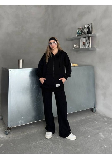 Oversize Kapşunlu Fermuarlı Etiket Detaylı 2 Iplik Kumaş Eşofman Takımı fiyatları