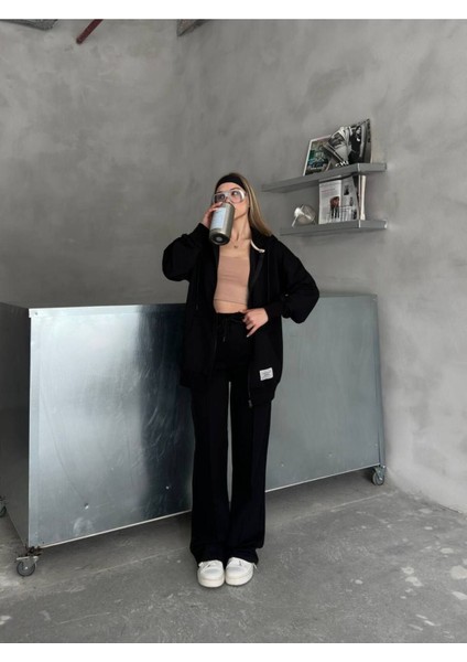 Oversize Kapşunlu Fermuarlı Etiket Detaylı 2 Iplik Kumaş Eşofman Takımı fırsatları