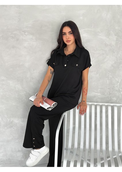 Düğmeli Polo Yaka Paça Yırtmaçlı Modal Kumaş Kısakol Eşofman Takım