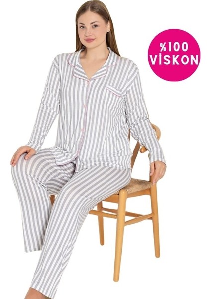 Kadın Büyük Beden Viskon Önden Düğmeli Gömlek Yaka Göğüs Cepli Uzun Kol Mevsimlik Pijama Takımı