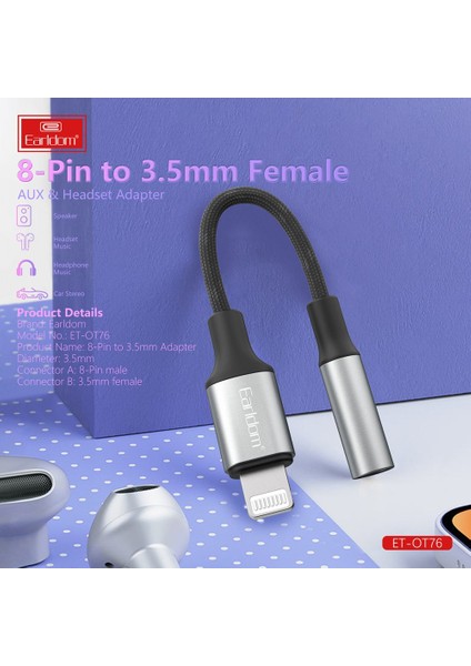 OT76 Tak‑Çalıştır Lightning to AUX 3.5 mm Ses Dönüştürücü – 12 cm Kompakt Kablo