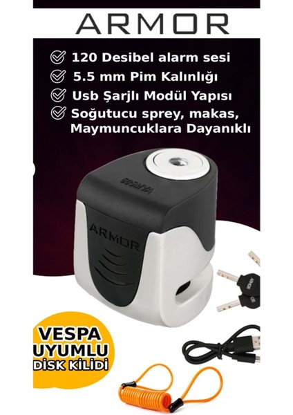 605MVA 5.5mm 120DB Alarmlı ve USB Şarjlı Motosiklet Disk Kilidi (Tüm Vespa Modelleriyle Uyumludur)