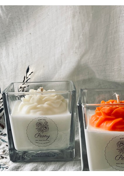 Peony Bloom Serisi – 3’lü El Yapımı Doğal Soya Mum Seti | Beyaz, Turuncu ve Mavi Çiçek Desenli | Dekoratif & Hediyelik modelleri
