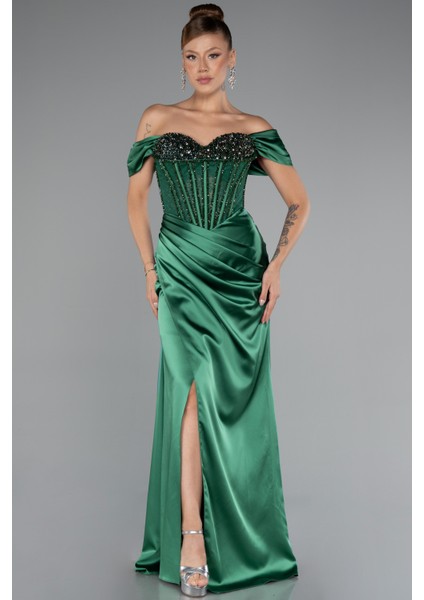 Kayık Yaka Taşlı Balen Uzun Saten Abiye ABU5130