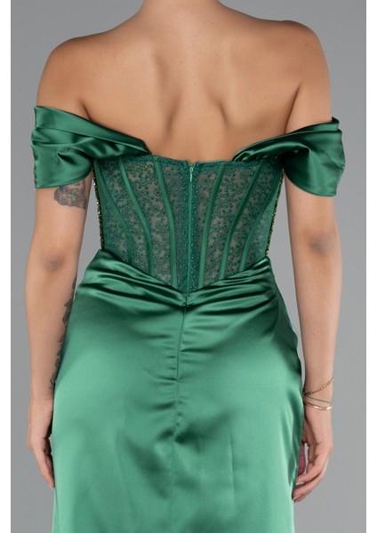 Kayık Yaka Taşlı Balen Uzun Saten Abiye ABU5130 fırsatları