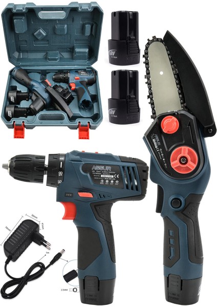 Profesyonel 18V Çift Akülü Vidalama & Ağaç Odun Dal Budama Testeresi 2'li Set