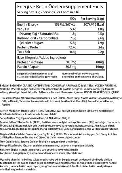 Whey Protein Big Whey Classic 528 gr 16 Servis Antep Fıstıklı Dondurma Aromalı Protein Tozu