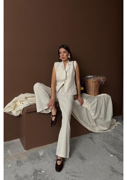 Bej Keten Yelek Pantolon Takım modelleri