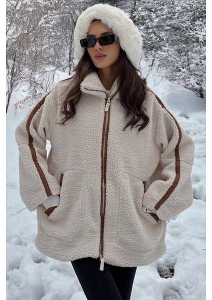 Bej Şerit Detaylı Dik Yaka Kadın Peluş Mont MG2260 fiyatları