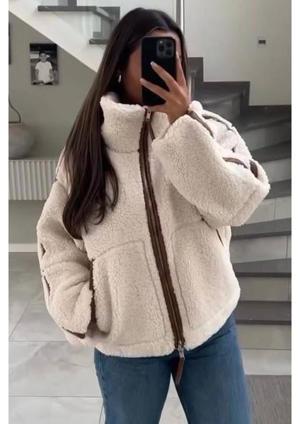 Bej Şerit Detaylı Dik Yaka Kadın Peluş Mont MG2260 modelleri