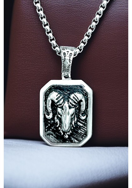 Gümüş Kaplama Krom-Çelik K-136 Erkek Kolyesi Koç Burcu Madalyon