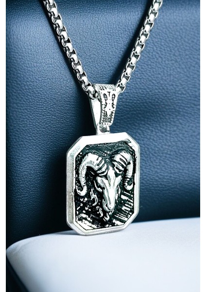 Gümüş Kaplama Krom-Çelik K-136 Erkek Kolyesi Koç Burcu Madalyon fiyatları