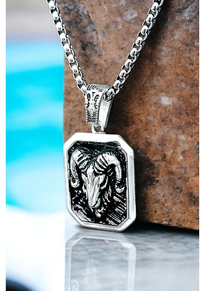 Gümüş Kaplama Krom-Çelik K-136 Erkek Kolyesi Koç Burcu Madalyon modelleri